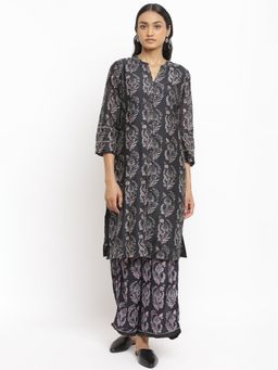 Folksong - Charcoal Floral Print Cotton Silk Kurta