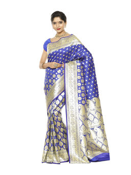 Banarasi Silk Works - Blue Half Patli Zari Jaal Satin Silk Saree with Unstitched Blouse