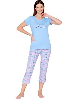 Bodycare - Womens Combed Cotton Printed T-Shirt & Capri -BSCS16001 Blue (Set of 2)