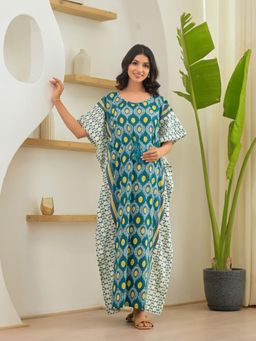 AUJJESSA - Teal White Printed Front Zipper Maternity Feeding Kaftan
