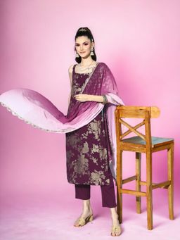 Ahalyaa - Women Wine Floral Poly Crepe Spaghetti Straps Kurta (Set of 2)