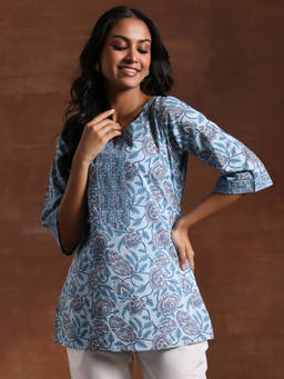 Libas - Women Floral Printed Blue Kurti with Three Fourth Sleeves