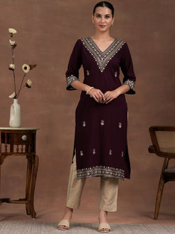 Libas - Wine Floral Zari Embroidered Straight Kurta