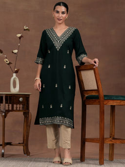 Libas - Wine Floral Zari Embroidered Straight Kurta