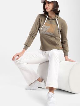 Campus Sutra - Women Olive Printed Regular Fit Sweatshirt with Hooded Neck for Winterwear