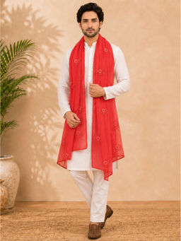 Zamour - Pure Cotton Embroidered Red Dupatta