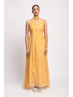 JAYATI GOENKA - Yellow Striped Block Printed Dress