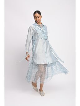 JAYATI GOENKA - Blue Block Printed Dress with Shirt and Overlay
