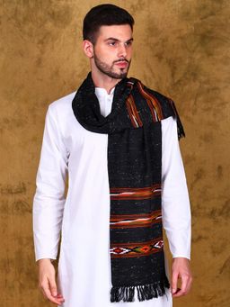 EXOTIC INDIA - Unisex Black Kullu Wool Scarf with Kinnauri Woven Triple Border