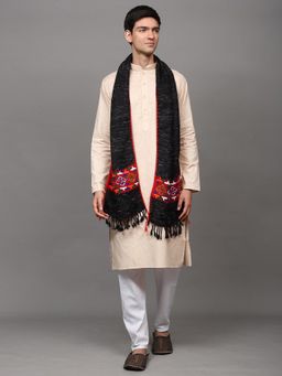 EXOTIC INDIA - Unisex Black Kullu Wool Scarf with Kinnauri Embroidered Border