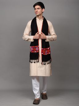 EXOTIC INDIA - Unisex Black Kullu Wool Scarf with Kinnauri Embroidered Border