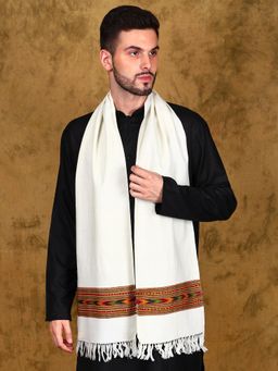 EXOTIC INDIA - Unisex White Kullu Wool Scarf with Ethnic Kinnauri Woven Wide Border Design