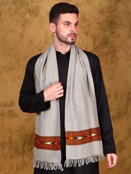 EXOTIC INDIA - Unisex Grey Kullu Wool Scarf with Ethnic Kinnauri Woven Wide Border Design