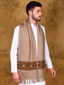 EXOTIC INDIA - Unisex Beige Kullu Wool Scarf with Ethnic Kinnauri Woven Wide Border Design