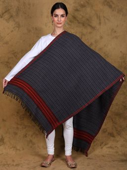 EXOTIC INDIA - Women Black Kullu Wool Stole with Woven Kinnauri Border & Stripe Pattern