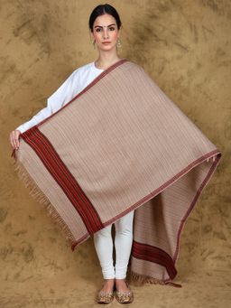 EXOTIC INDIA - Women Beige Kullu Wool Stole with Woven Kinnauri Border & Stripe Pattern