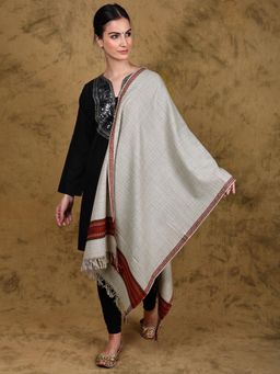 EXOTIC INDIA - Women Silver Kullu Wool Stole with Woven Kinnauri Border & Stripe Pattern