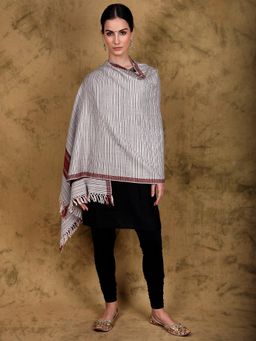 EXOTIC INDIA - Women Pink Kullu Wool Stole with Woven Kinnauri Border & Stripe Pattern