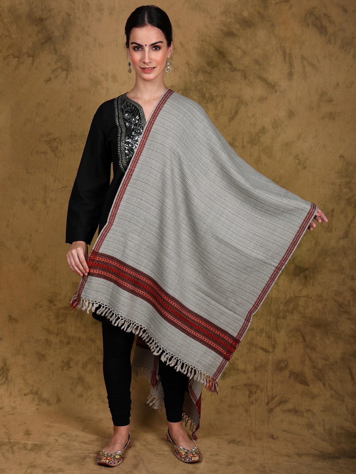 Women Grey Kullu Wool Stole with Woven Kinnauri Border & Stripe Pattern-image-26