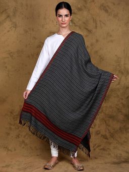 EXOTIC INDIA - Women Blue Kullu Wool Stole with Woven Kinnauri Border & Stripe Pattern