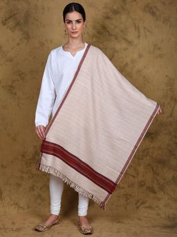 EXOTIC INDIA - Women Cream Kullu Wool Stole with Woven Kinnauri Border & Stripe Pattern