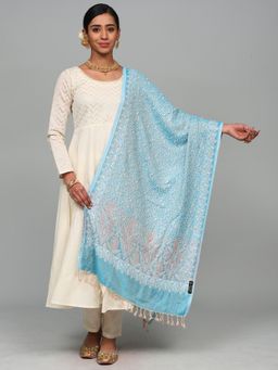 EXOTIC INDIA - Women Blue Reversible Jamawar Modal Stole with Woven Paisley Jaal