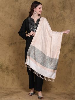 EXOTIC INDIA - Women Beige Reversible Jamawar Modal Stole with Woven Paisley Jaal