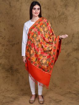 EXOTIC INDIA - Women Orange Jamawar Kashmiri Wool Stole with All-Over Floral and Leaves Embroidered