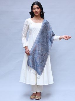 EXOTIC INDIA - Women Blue Pure Silk Jamawar Scarf with Woven Paisleys Design