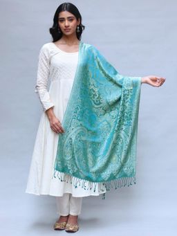 EXOTIC INDIA - Women Turquoise Reversible Pure Silk Jamawar Stole with All-Over Flower-Leaf Weave