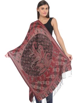 EXOTIC INDIA - Women Maroon Reversible Pure Silk Jamawar Stole with All-Over Flower-Leaf Weave