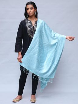 EXOTIC INDIA - Women Blue Reversible Pure Silk Jamawar Stole with All-Over Flower-Leaf Weave
