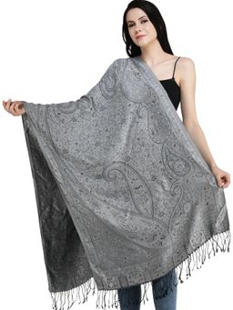 EXOTIC INDIA - Women Grey Reversible Pure Silk Jamawar Stole with All-Over Flower-Leaf Weave