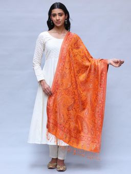 EXOTIC INDIA - Women Orange Reversible Pure Silk Jamawar Stole with All-Over Flower-Leaf Weave