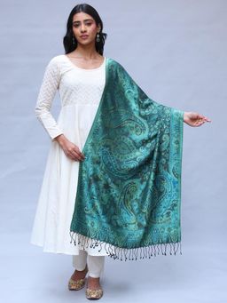 EXOTIC INDIA - Women Turquoise Reversible Pure Silk Jamawar Stole with All-Over Flower-Leaf Weave