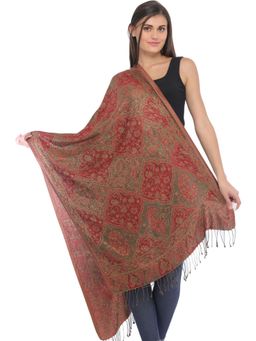 EXOTIC INDIA - Women Red Reversible Pure Silk Jamawar Stole with All-Over Flower-Leaf Weave
