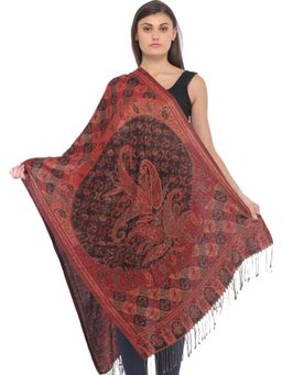 EXOTIC INDIA - Women Red Reversible Pure Silk Jamawar Stole with All-Over Flower-Leaf Weave