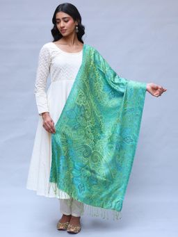 EXOTIC INDIA - Women Green Reversible Pure Silk Jamawar Stole with All-Over Flower-Leaf Weave
