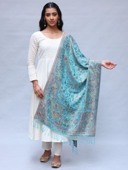 EXOTIC INDIA - Women Turquoise Reversible Pure Silk Jamawar Stole with All-Over Flower-Leaf Weave