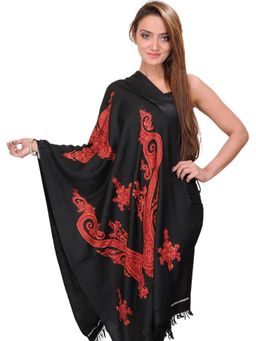 EXOTIC INDIA - Women Black Kashmiri Pure Wool Stole with Floral Aari Embroidered Paisleys