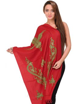 EXOTIC INDIA - Women Red Kashmiri Pure Wool Stole with Floral Aari Embroidered Paisleys