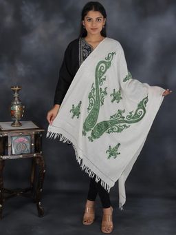 EXOTIC INDIA - Women White Kashmiri Pure Wool Stole with Floral Aari Embroidered Paisleys
