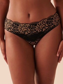 La Vie En Rose - Microfiber and Shimmering Lace Sleek Back Bikini Panty - Black