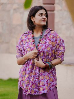 Sassy Sajja - Pink Ambrette Hand Block Printed Oversize Shirt