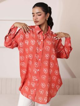Sassy Sajja - Rust Women Hand Block Printed Full Sleeves Oversize Shirt