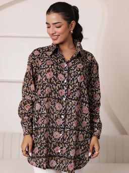 Sassy Sajja - Black Women Hand Block Printed Full Sleeves Oversize Shirt