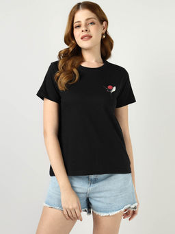 Sands of India - Sliver Flamingo Print Black Regular T-Shirt