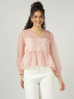 Sands of India - Peach Organza Embroidered Top with Camisole
