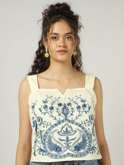 Sands of India - Off White Fully Embroidered Strap Top