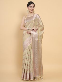 Mimosa - Women Traditional Kasavu Art Silk Beige Saree with Unstitched Blouse